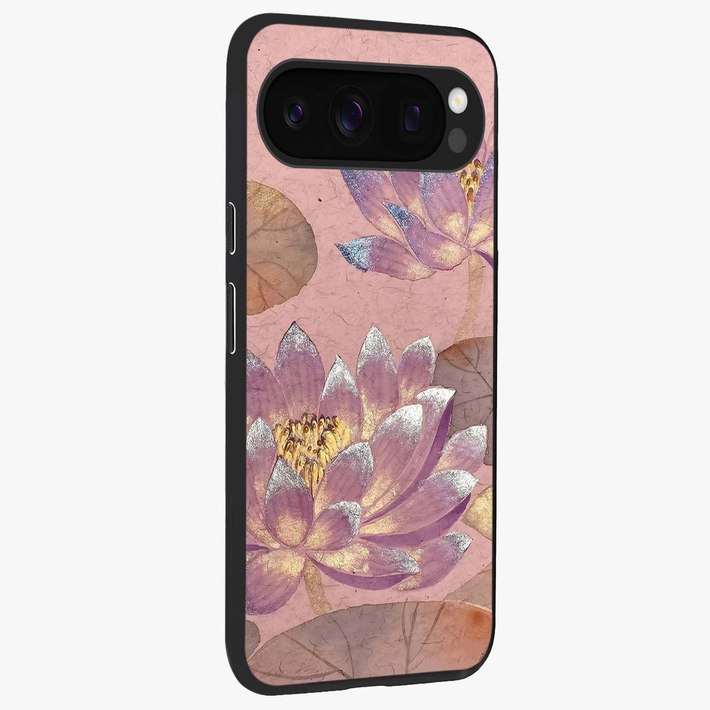 Blossom Mist Lotus Glass Case upright view showcasing graceful lotus flower design with peaceful botanical style.