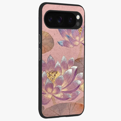 Blossom Mist Lotus Glass Case upright view showcasing graceful lotus flower design with peaceful botanical style.
