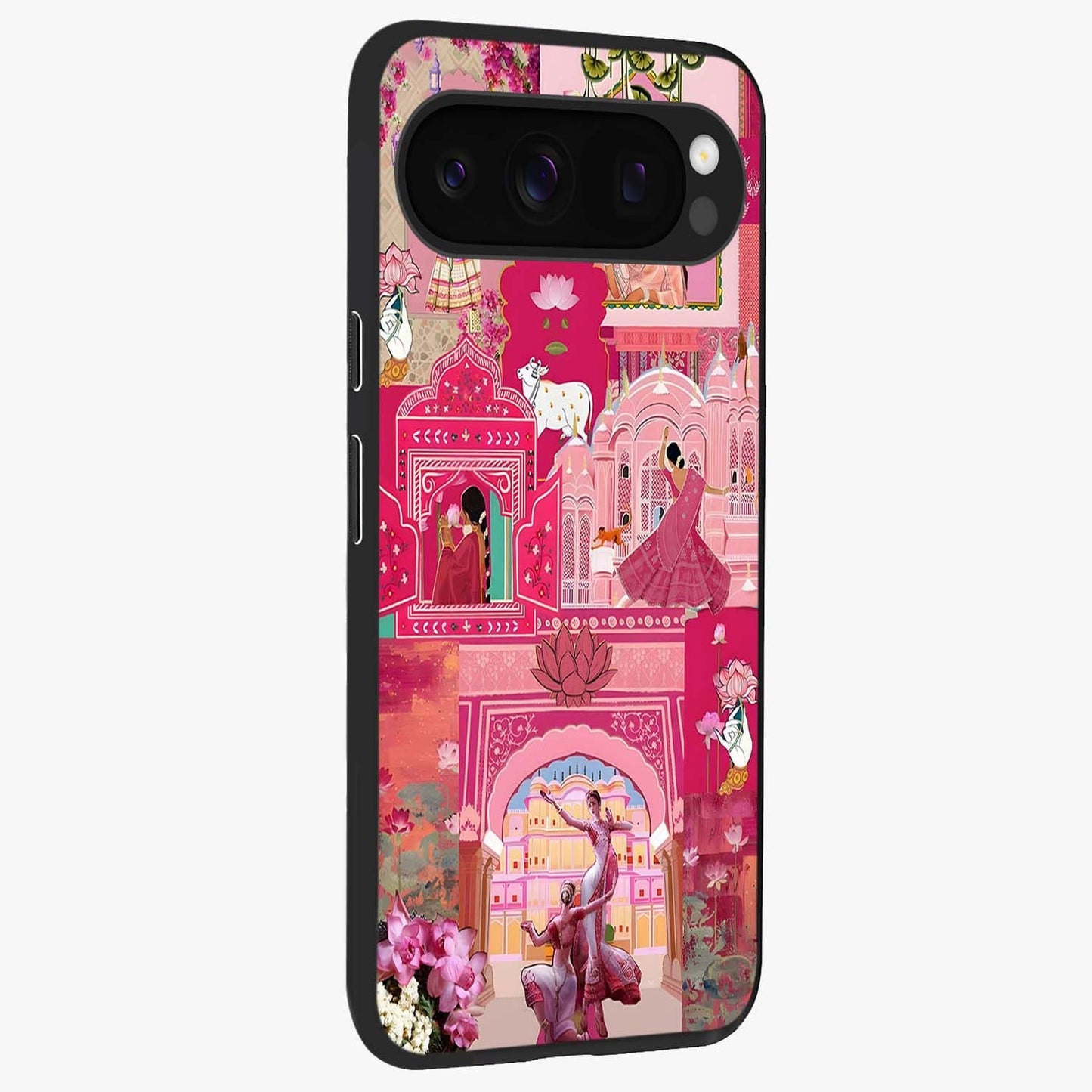 Blossoms of Rajasthan Glass Case upright view showcasing colorful floral design inspired by traditional Indian art.