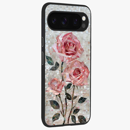Blush Mosaic Bloom Glass Case upright view showcasing decorative floral mosaic artwork with stylish modern aesthetic.