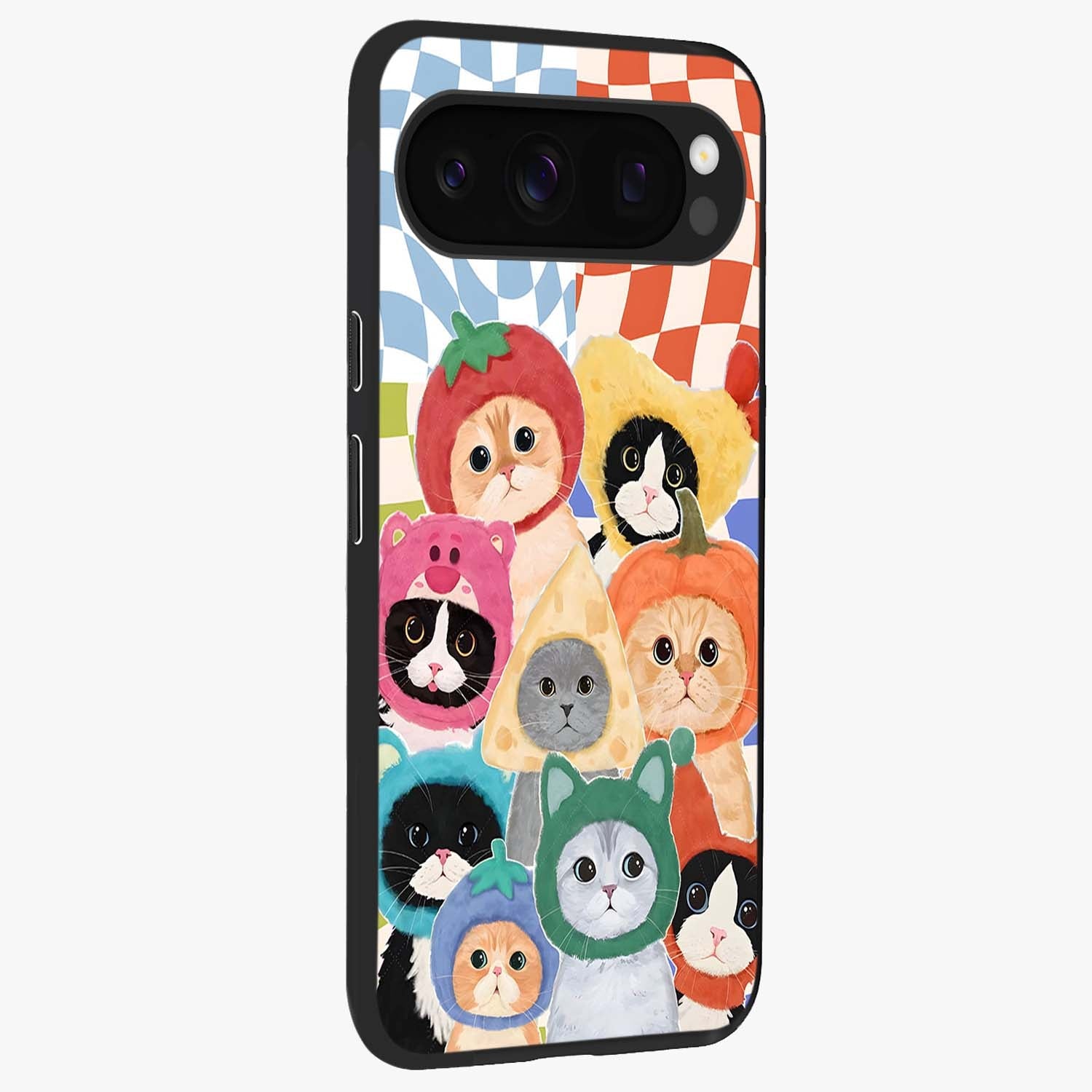 Cats in Fruits Glass Case upright view showcasing charming cat artwork with fun fruity theme.