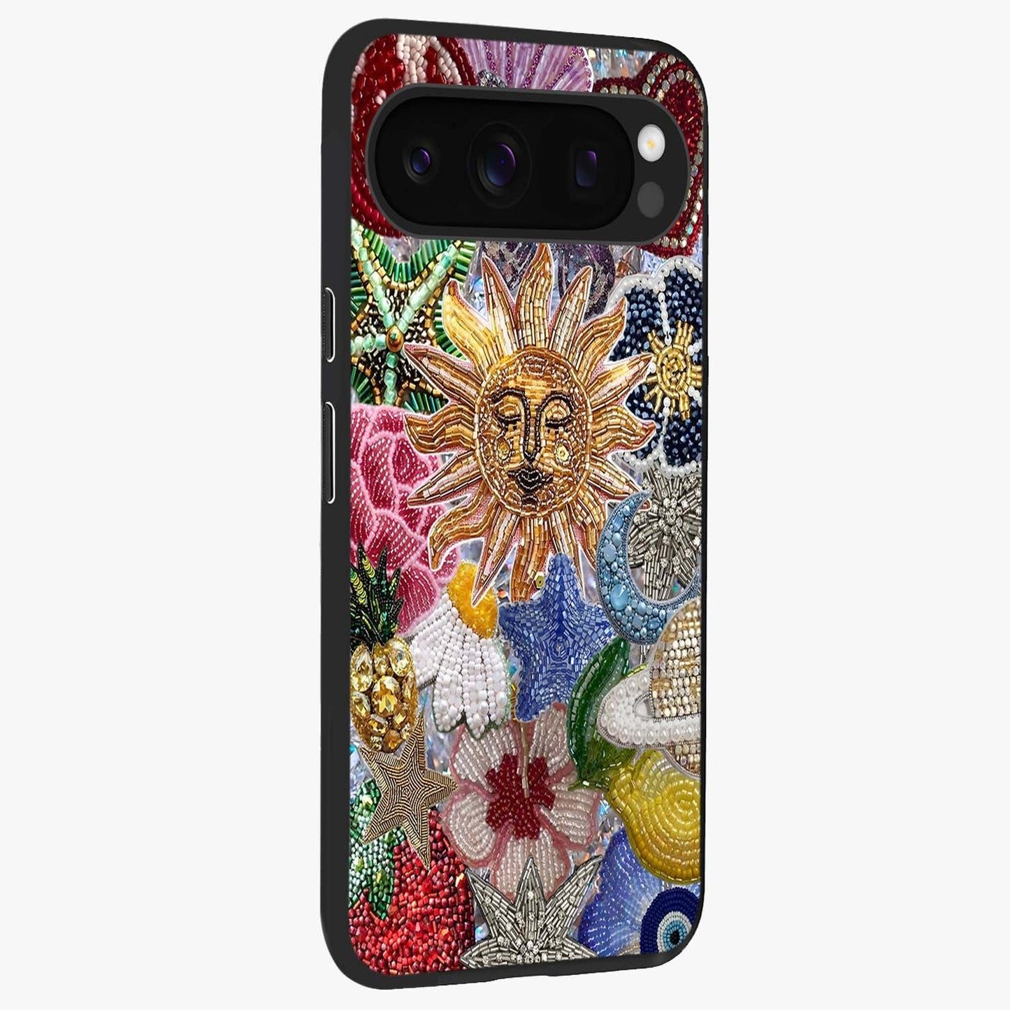 Celestial Floral and Playful Glass Case upright view showcasing whimsical floral artwork with cosmic aesthetic theme.