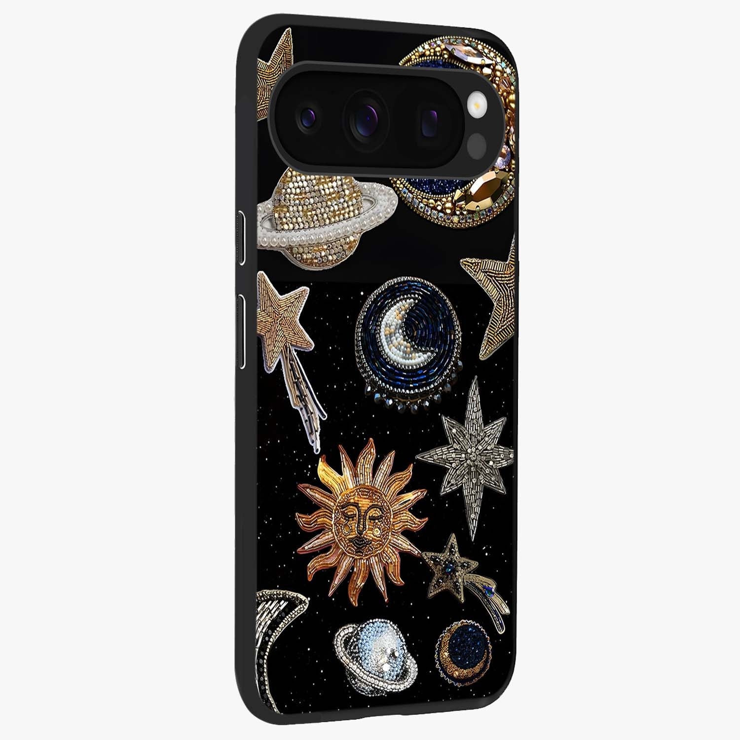 Celestial Gem Constellations Glass Case upright view showcasing cosmic constellation artwork with celestial aesthetic style.