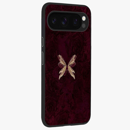 Crimson Fade Butterfly Glass Case upright view showcasing graceful butterfly artwork with soft crimson fade effect.