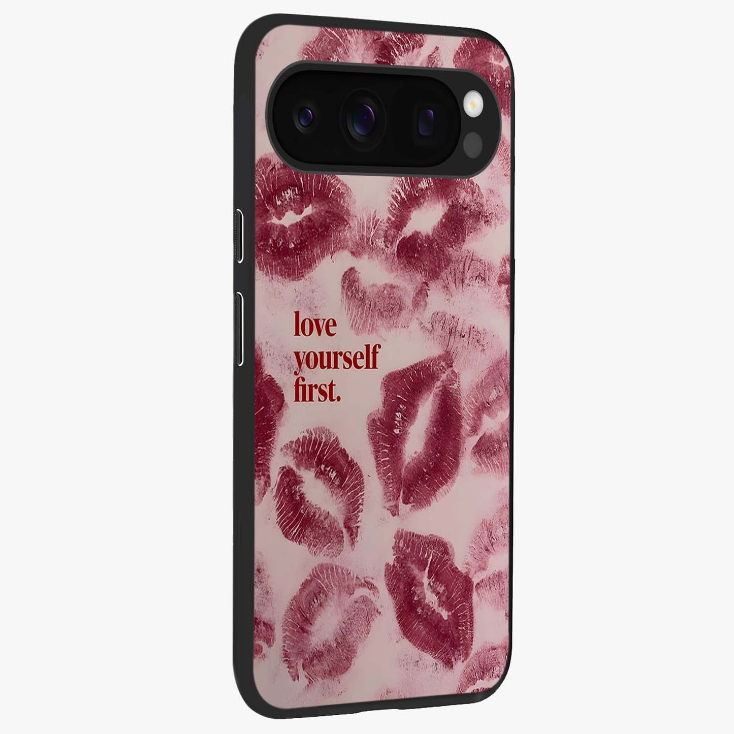 Crimson Kiss Love Glass Case upright view showcasing expressive romantic artwork with deep crimson theme.