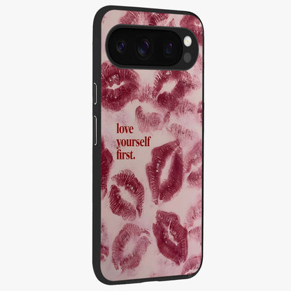 Crimson Kiss Love Glass Case upright view showcasing expressive romantic artwork with deep crimson theme.