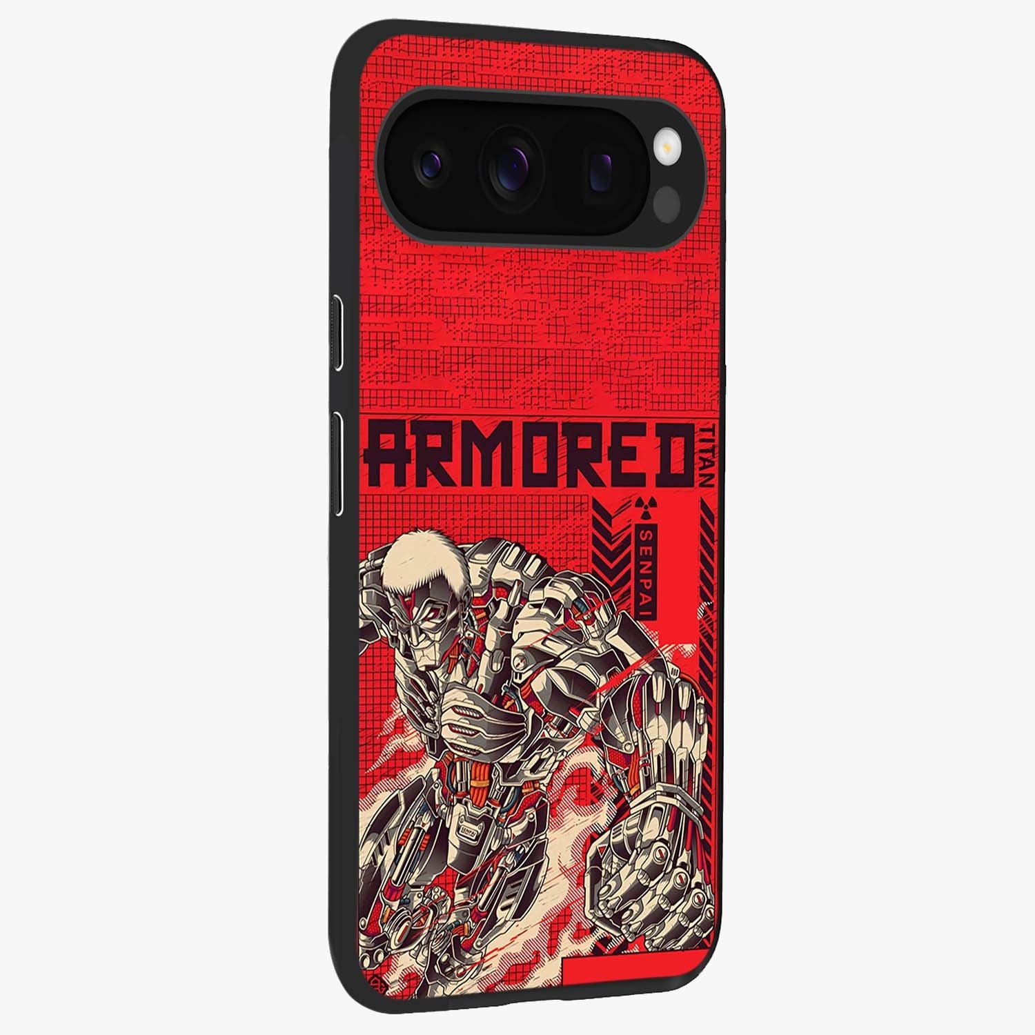 Crimson Mecha Titan Glass Case upright view showcasing dynamic robotic titan design with sci-fi inspired theme.