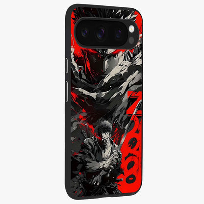 Demon Sword Resolve Glass Case upright view showcasing dramatic warrior artwork with intense battle theme.