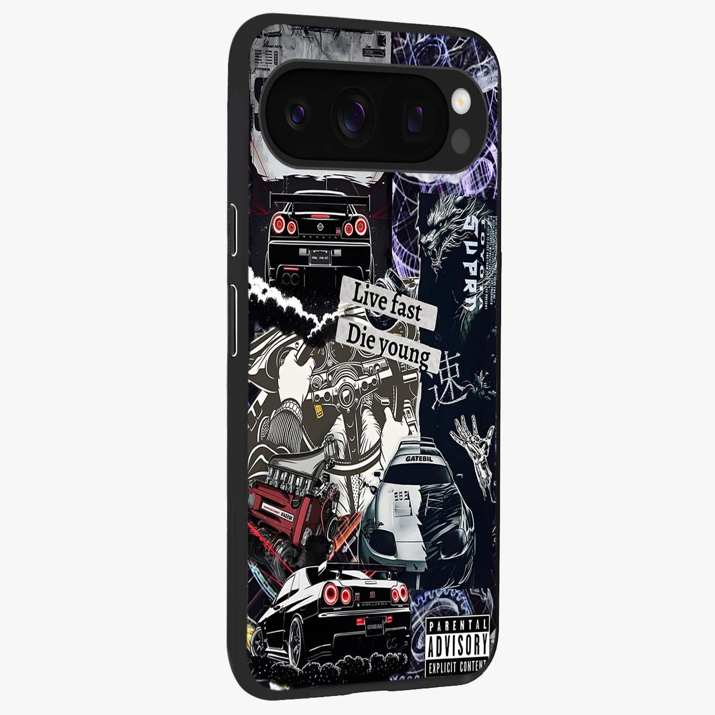 Die Young Glass Case upright view showcasing striking typography artwork with modern statement theme.