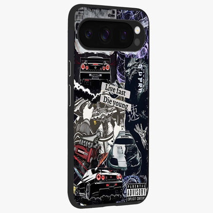 Die Young Glass Case upright view showcasing striking typography artwork with modern statement theme.
