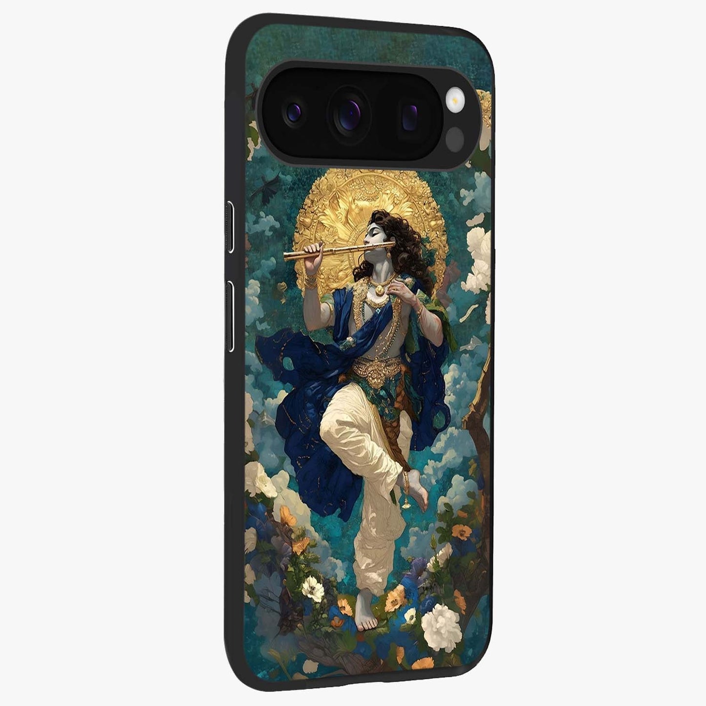 Divine Krishna Art Glass Case upright view showcasing divine Krishna artwork with sacred artistic theme.