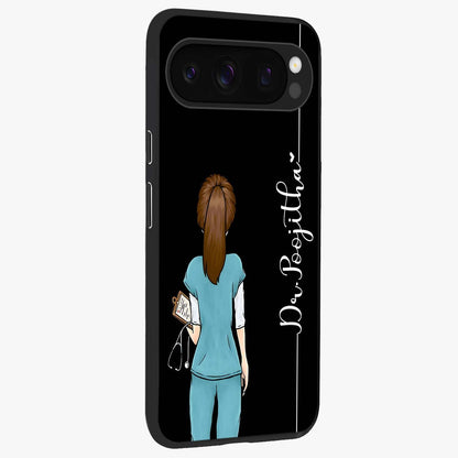 Doctor Pattern Custom Name Glass Case upright view showcasing healthcare themed design with personalized aesthetic.