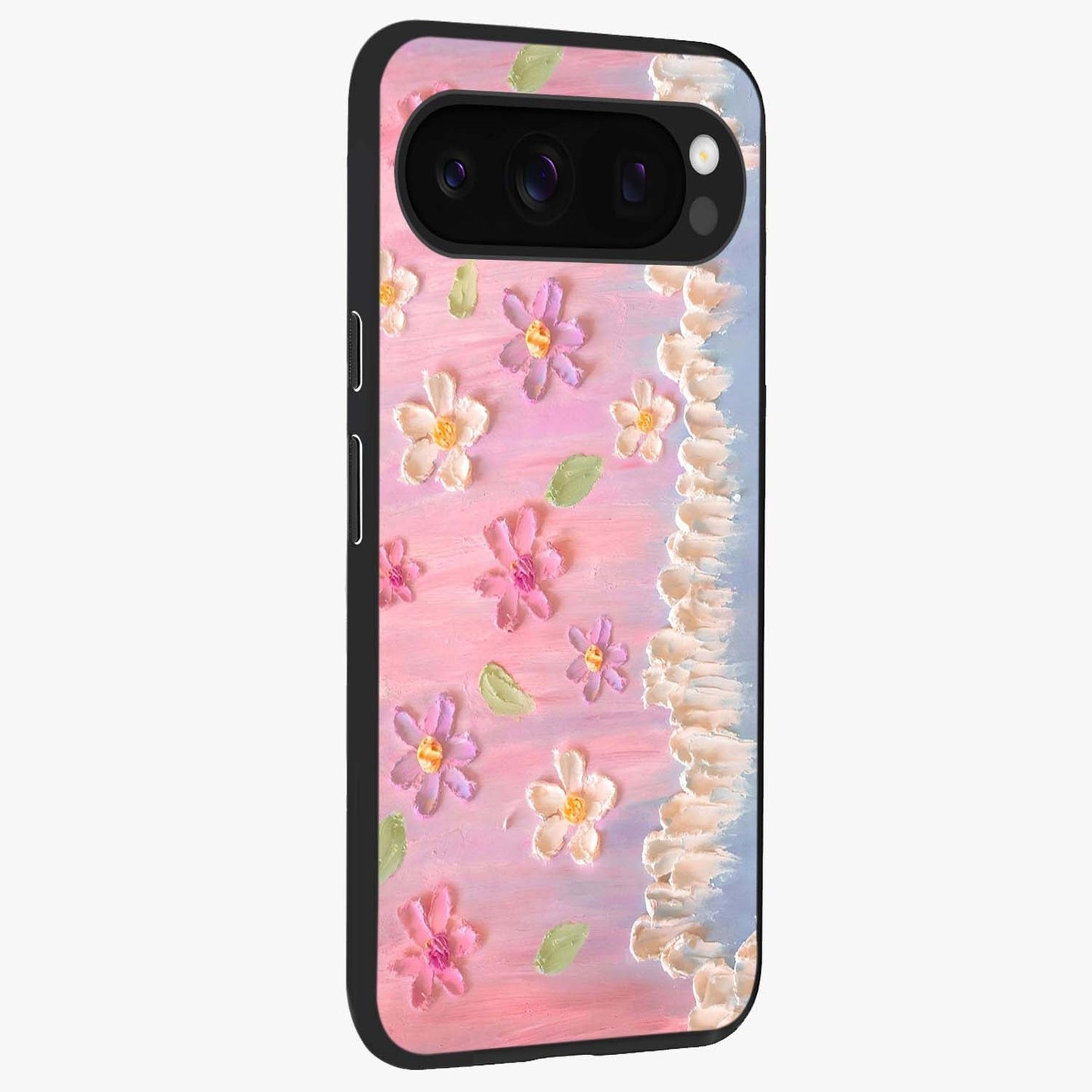 Dreamy Painted Garden Glass Case upright view showcasing vibrant floral garden artwork with artistic nature theme.