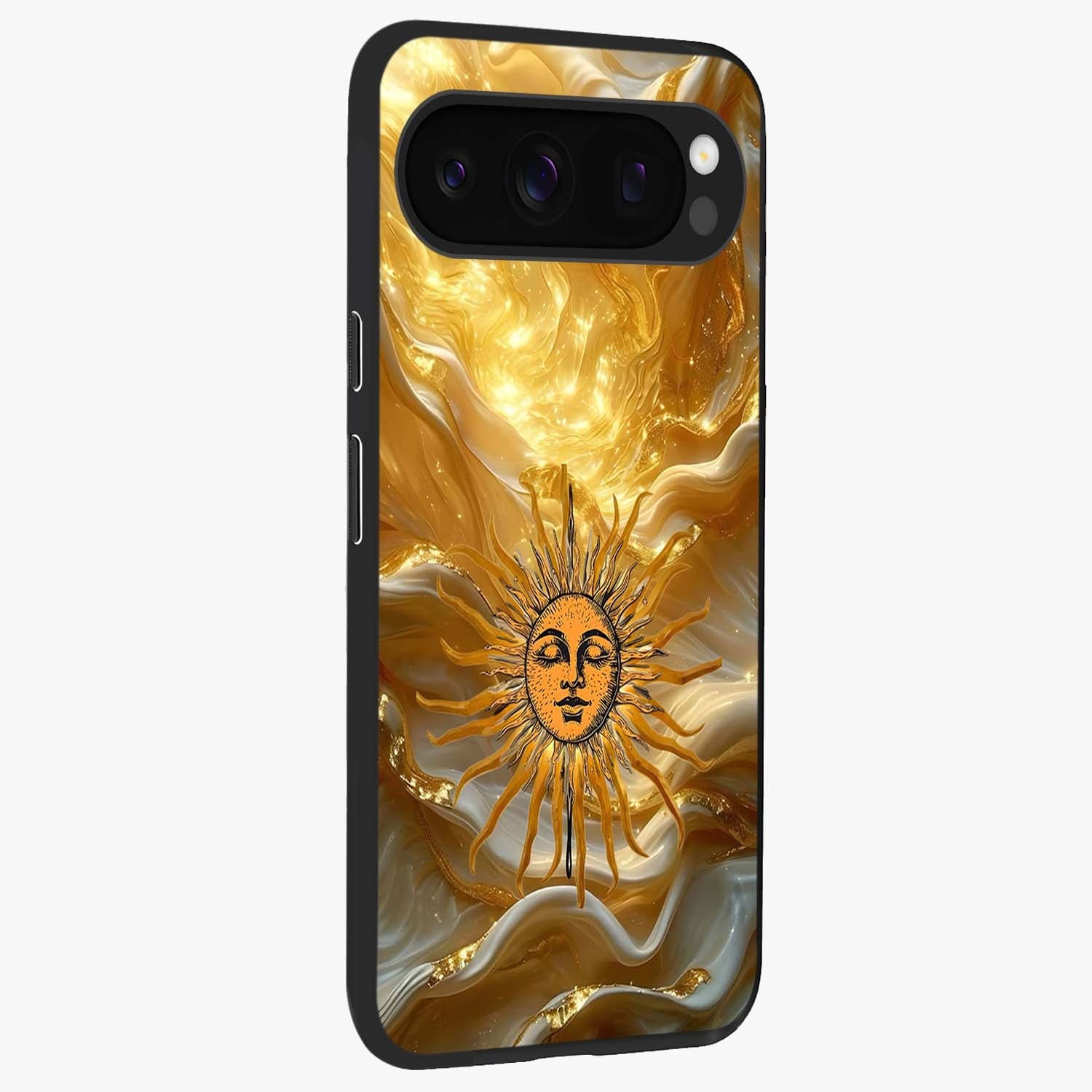 Eternal Golden Glow Glass Case upright view showcasing luminous golden artwork with luxurious visual theme.