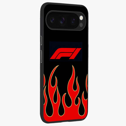 Fire F11 Glass Case upright view showcasing dynamic flame artwork with intense visual theme.