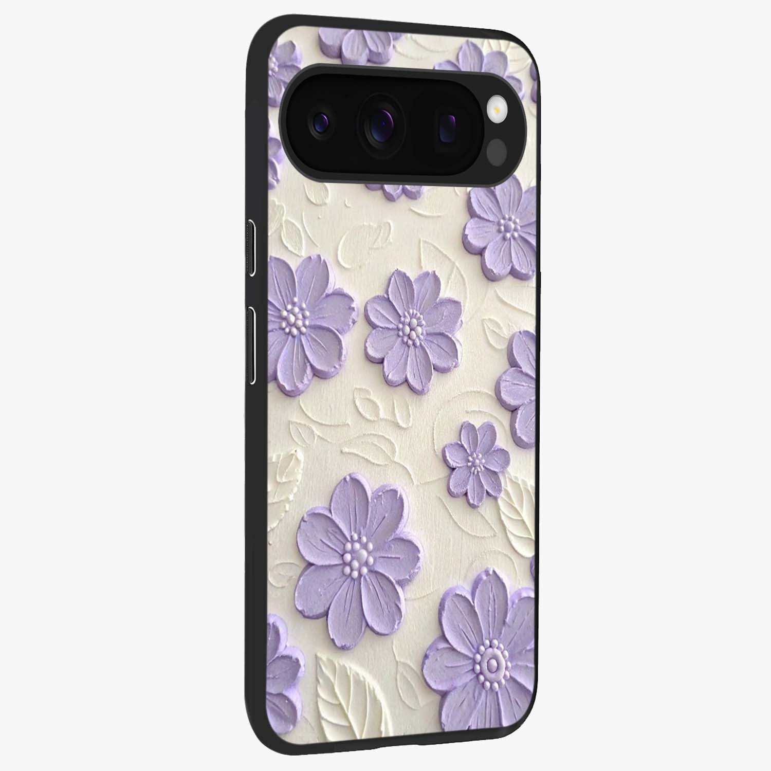 Floral Wall Art With Purple Flowers Glass Case upright view showcasing elegant purple flower artwork with decorative floral theme.