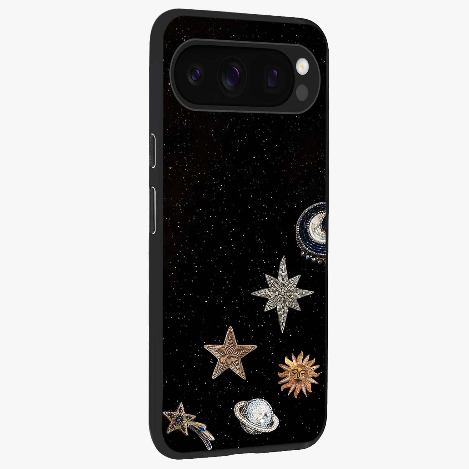 Galactic Charm Glow Glass Case upright view showcasing glowing cosmic charm artwork with magical celestial style.