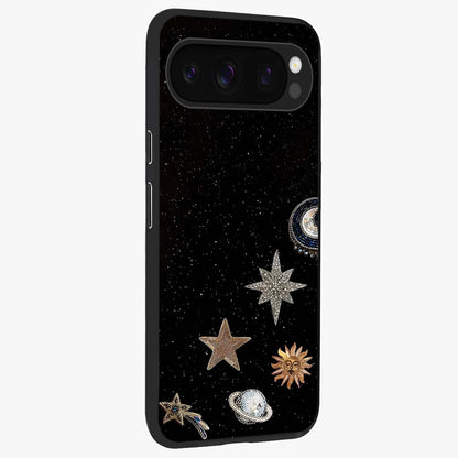 Galactic Charm Glow Glass Case upright view showcasing glowing cosmic charm artwork with magical celestial style.
