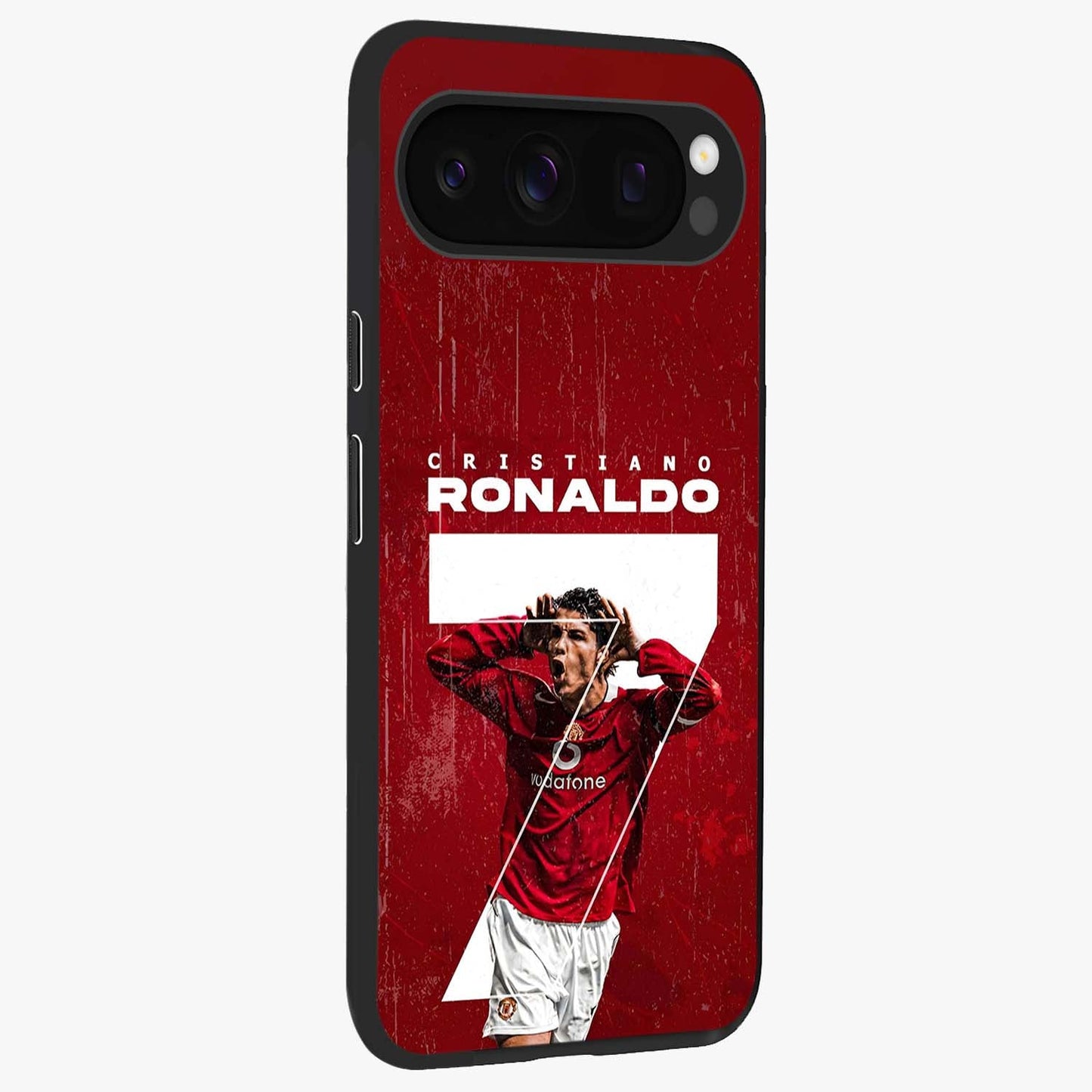 Goal Celebration Legacy Glass Case upright view showcasing dynamic football inspired artwork with victory celebration aesthetic.