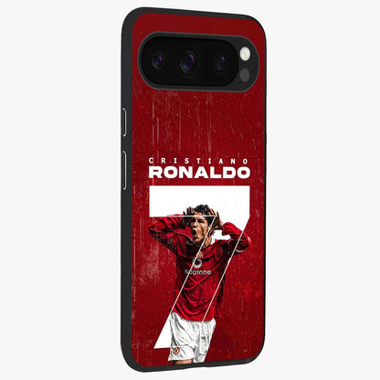 Goal Celebration Legacy Glass Case upright view showcasing dynamic football inspired artwork with victory celebration aesthetic.