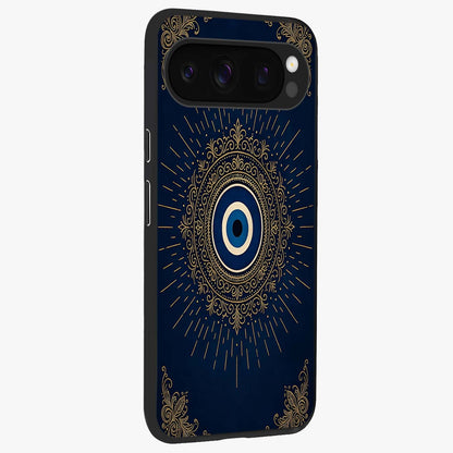 Golden Celestial Charm Glass Case upright view showcasing radiant celestial artwork with elegant golden theme.