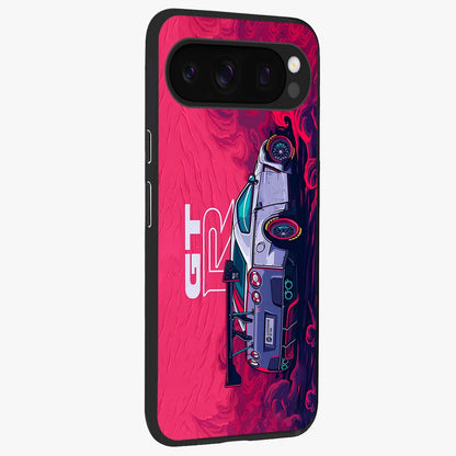 GT-R Car Pattern Glass Case upright view showcasing dynamic car pattern artwork with modern sports theme.