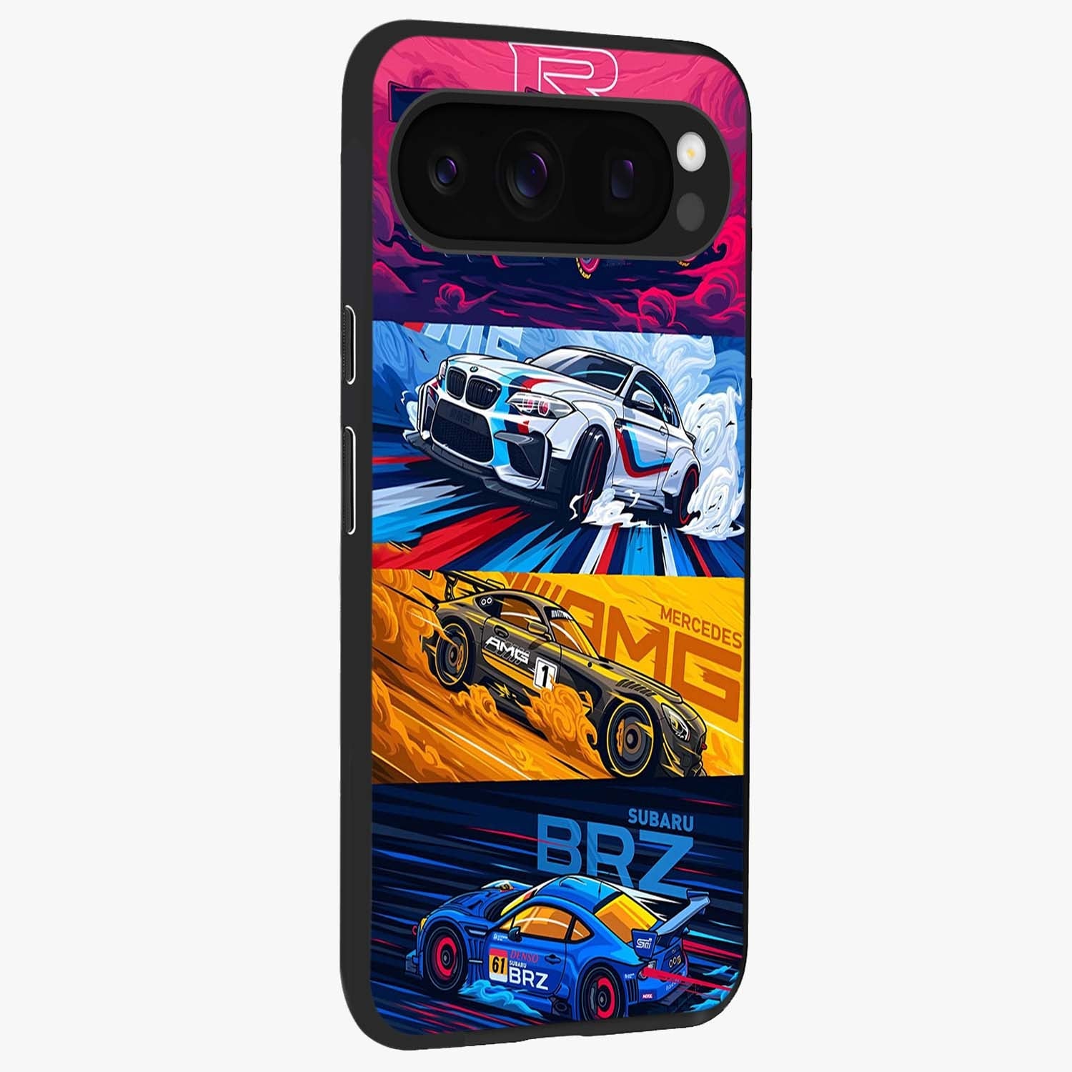JDM Sports Car Glass Case upright view showcasing dynamic sports car artwork with bold racing theme.