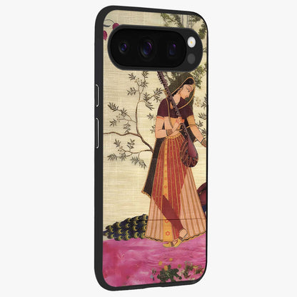 Lady With Veena Art Glass Case upright view showcasing classical veena artwork with traditional artistic theme.