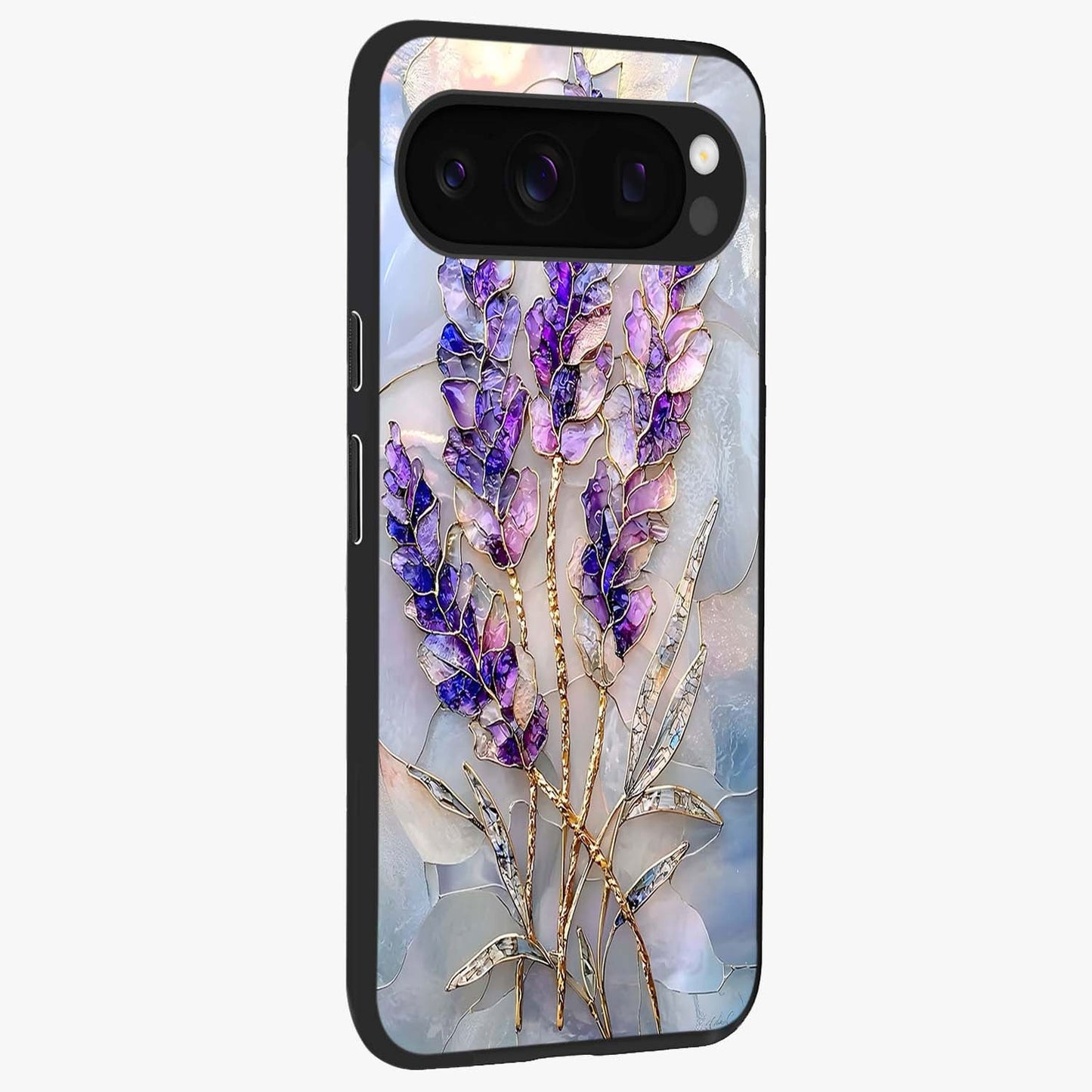 Lavender Dream Glow Glass Case upright view showcasing radiant lavender glow artwork with calming dreamy theme.