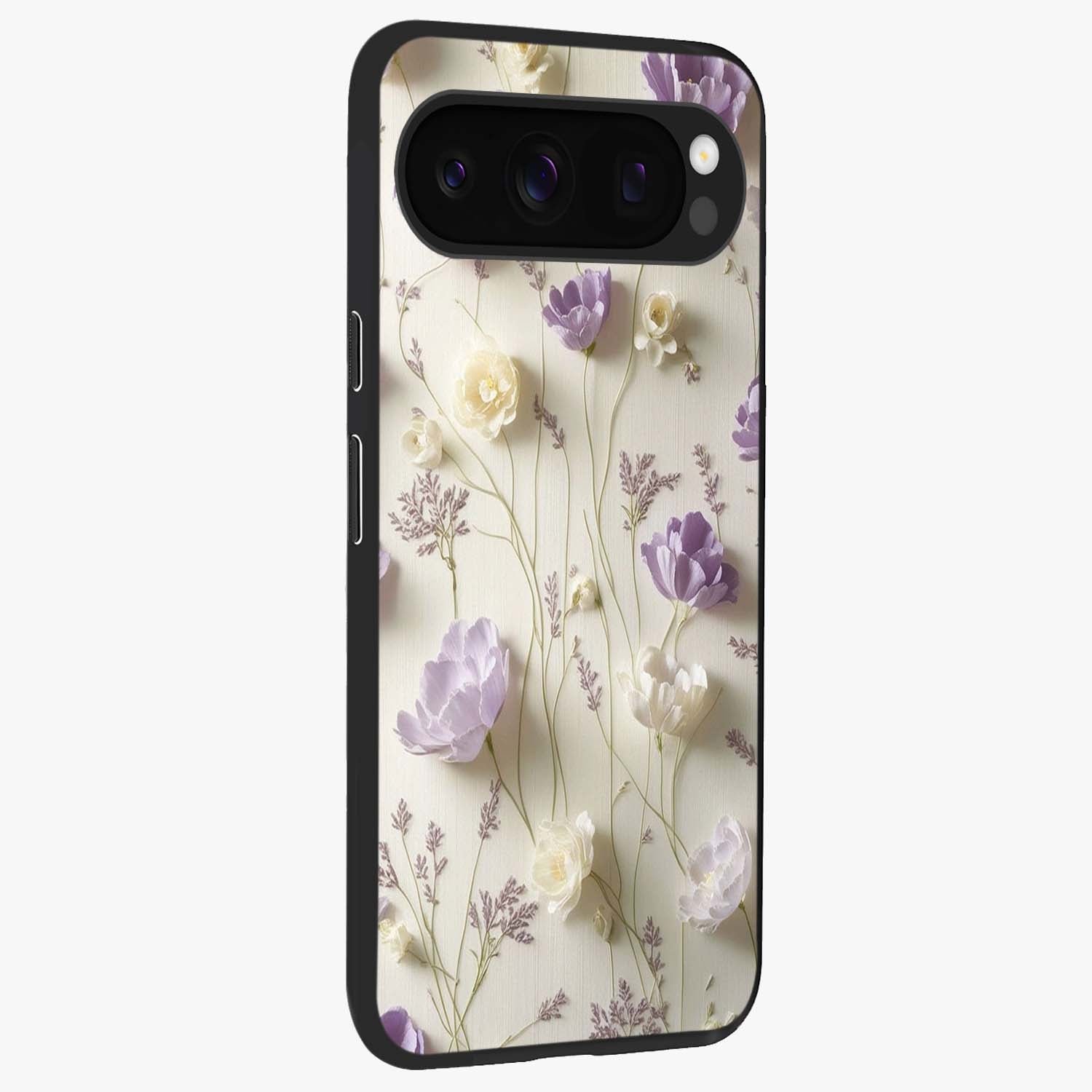 Lilac Breeze Harmony Glass Case upright view showcasing delicate lilac artwork with peaceful floral theme.