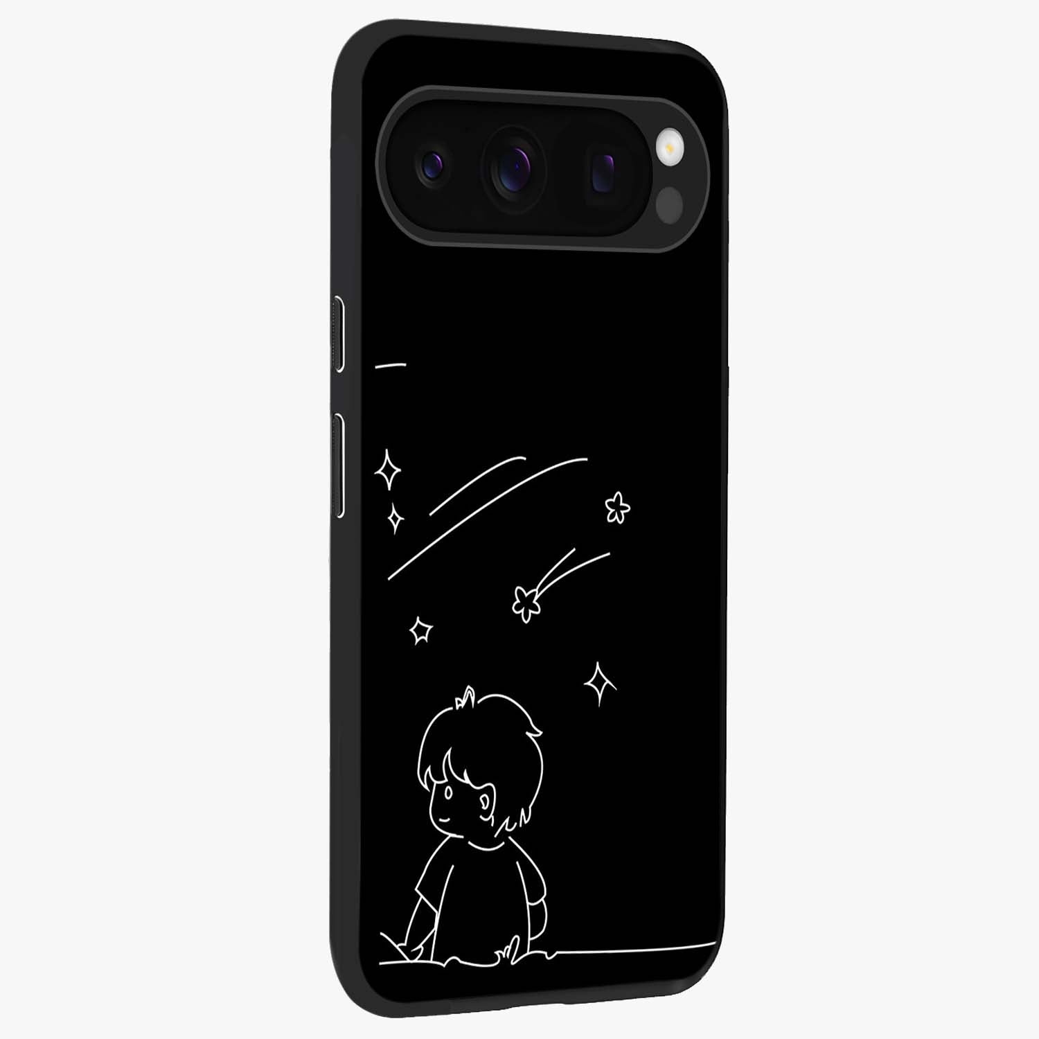 Line Art Boy With Shooting Stars Glass Case upright view showcasing artistic shooting star illustration with minimal style.
