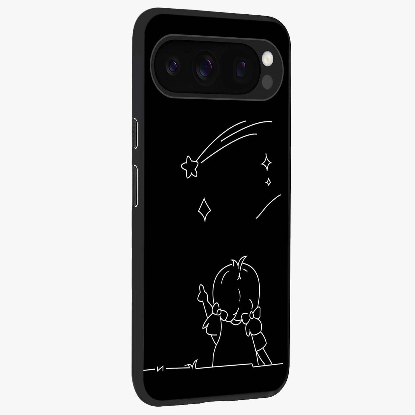 Line Art Girl With Shooting Stars Glass Case upright view showcasing delicate shooting stars artwork with minimal artistic theme.