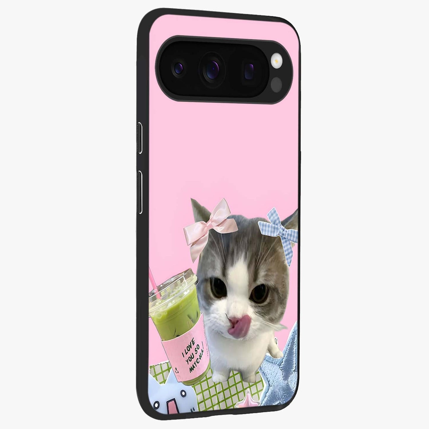 Love Matcha Cat Glass Case upright view showcasing adorable cat artwork with charming matcha themed design.