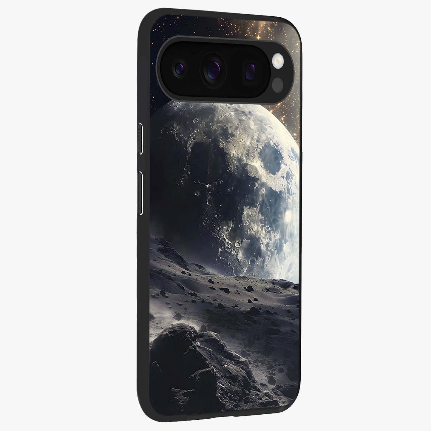 Lunar Horizon Glow Glass Case upright view showcasing radiant lunar artwork with calm cosmic theme.
