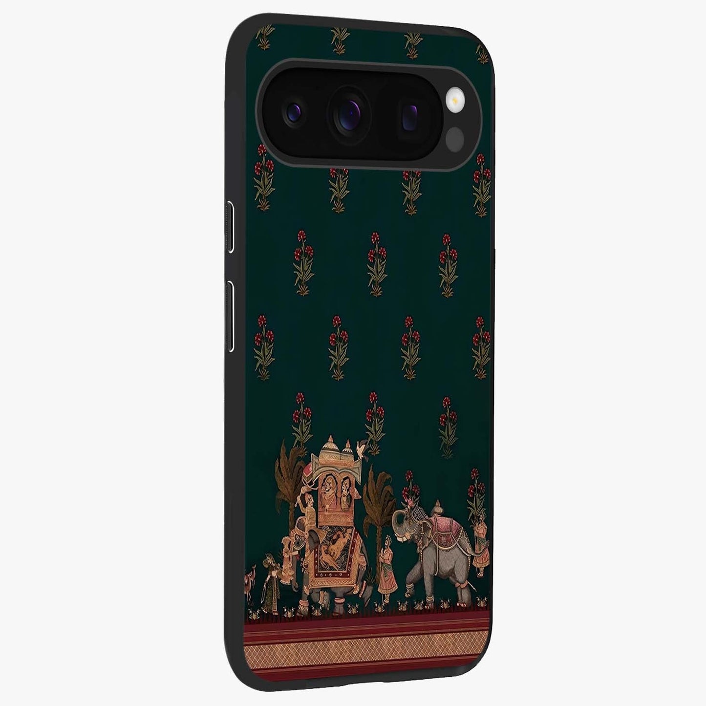 Macmerise Glass Case upright view showcasing bold artistic artwork with contemporary design theme.