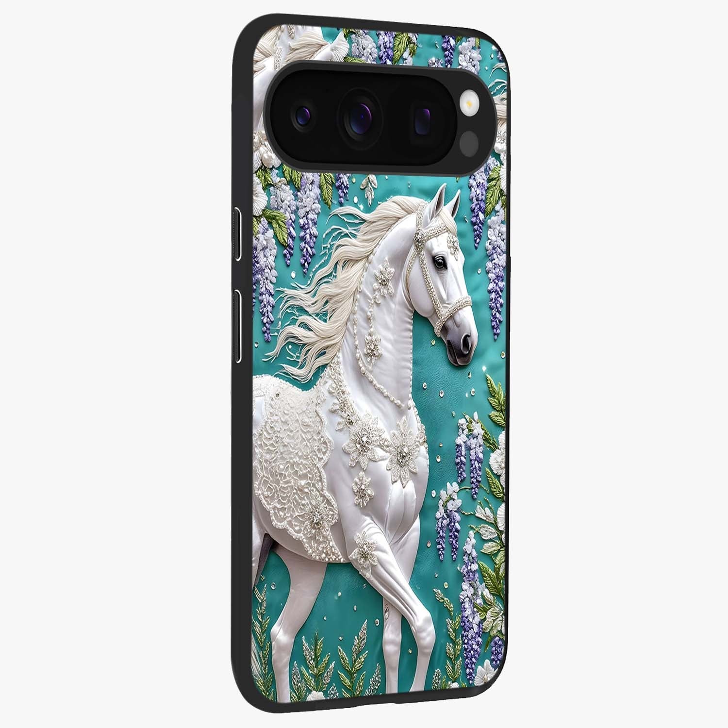 Majestic Floral Stallion Glass Case upright view showcasing dramatic horse artwork with decorative floral theme.