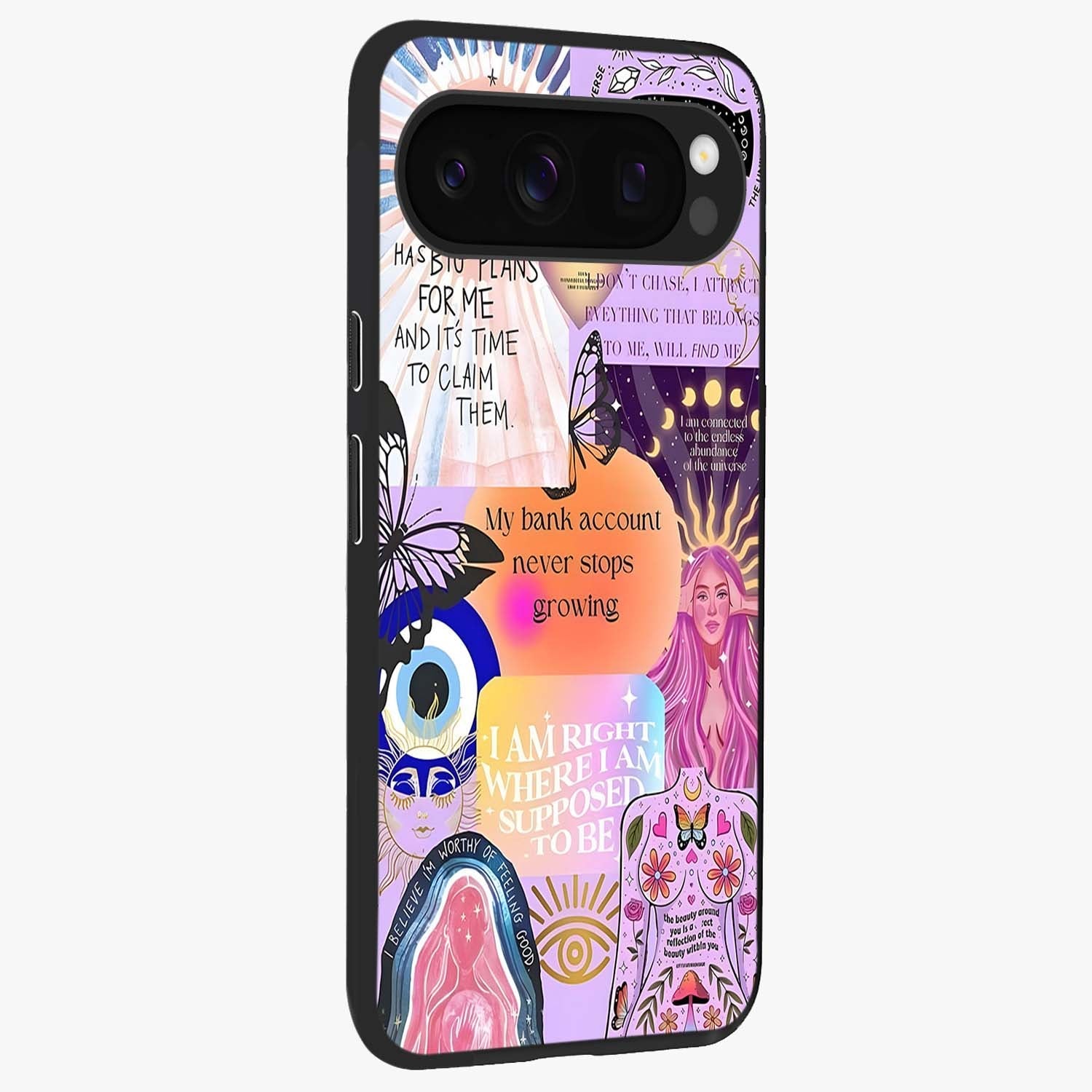 Manifestation Collage Glass Case upright view showcasing artistic manifestation themed artwork with creative style.