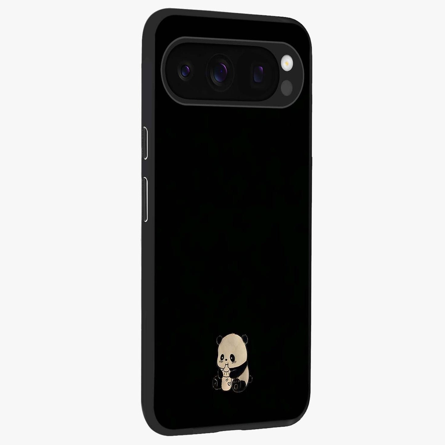 Midnight Panda Love Glass Case upright view showcasing charming panda artwork with playful romantic theme.