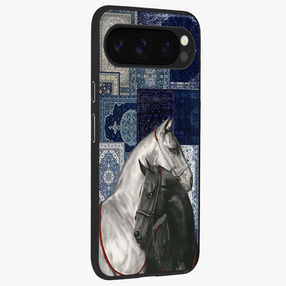 Midnight Stallion Blues Glass Case upright view showcasing dramatic horse artwork with bold artistic theme.