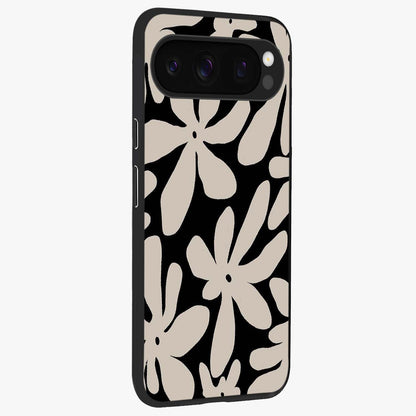 Monochrome Petal Dance Glass Case upright view showcasing artistic floral pattern with stylish monochrome theme.