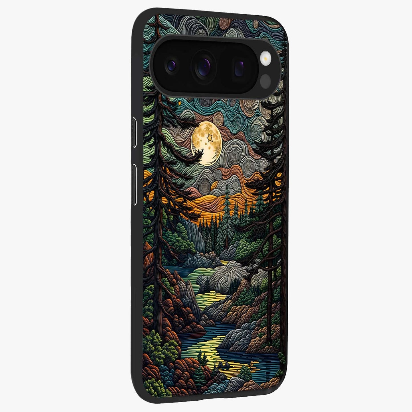 Moonlight Forest Dream Glass Case upright view showcasing magical forest artwork with calm night theme.