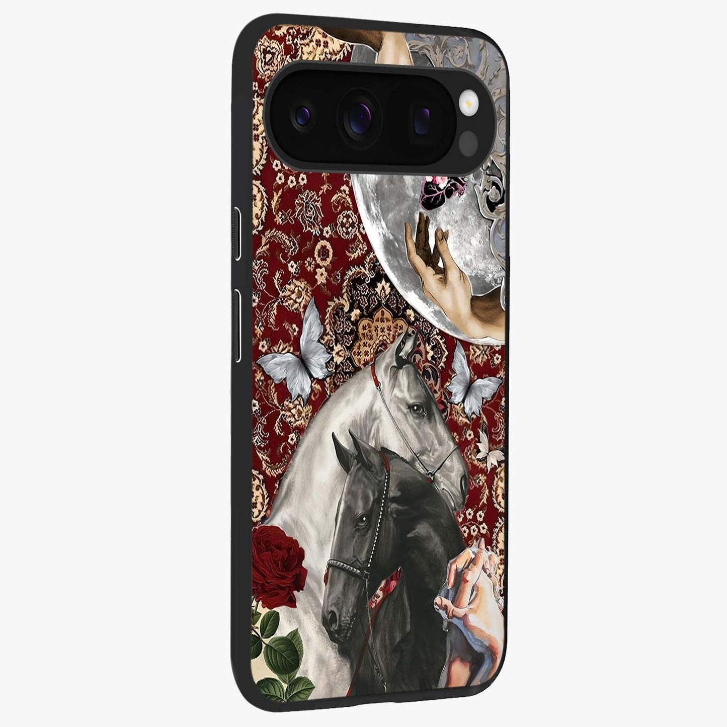 Moonlit Royal Stallion Glass Case upright view showcasing dramatic horse artwork with glowing moon themed design.