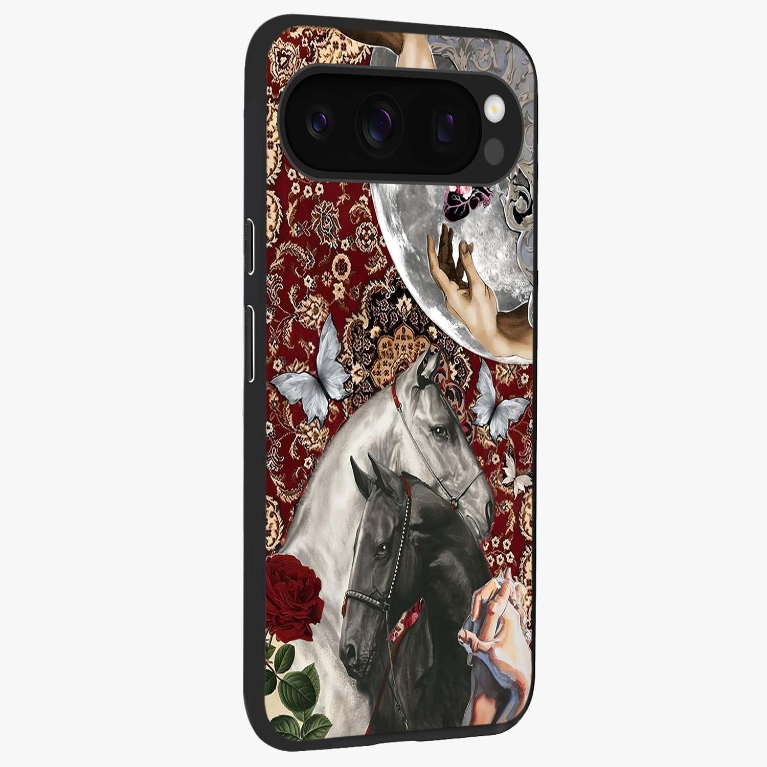 Moonlit Royal Stallion Glass Case upright view showcasing dramatic horse artwork with glowing moon themed design.