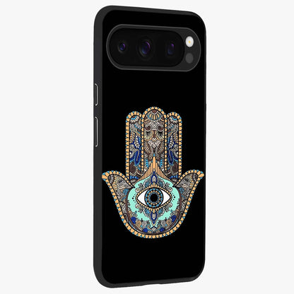 Mystic Hamsa Eye Glass Case upright view showcasing detailed hamsa eye artwork with protective spiritual theme.