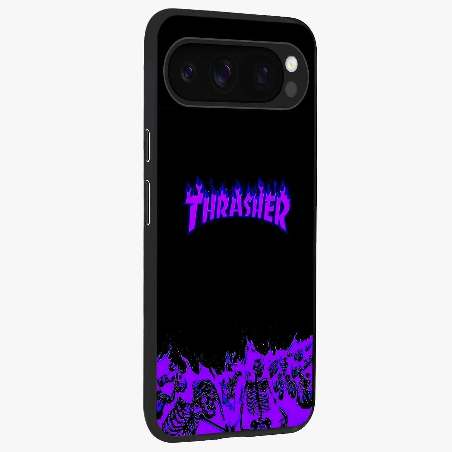 Neon Flame Riot Glass Case upright view showcasing dynamic flame artwork with energetic neon theme.