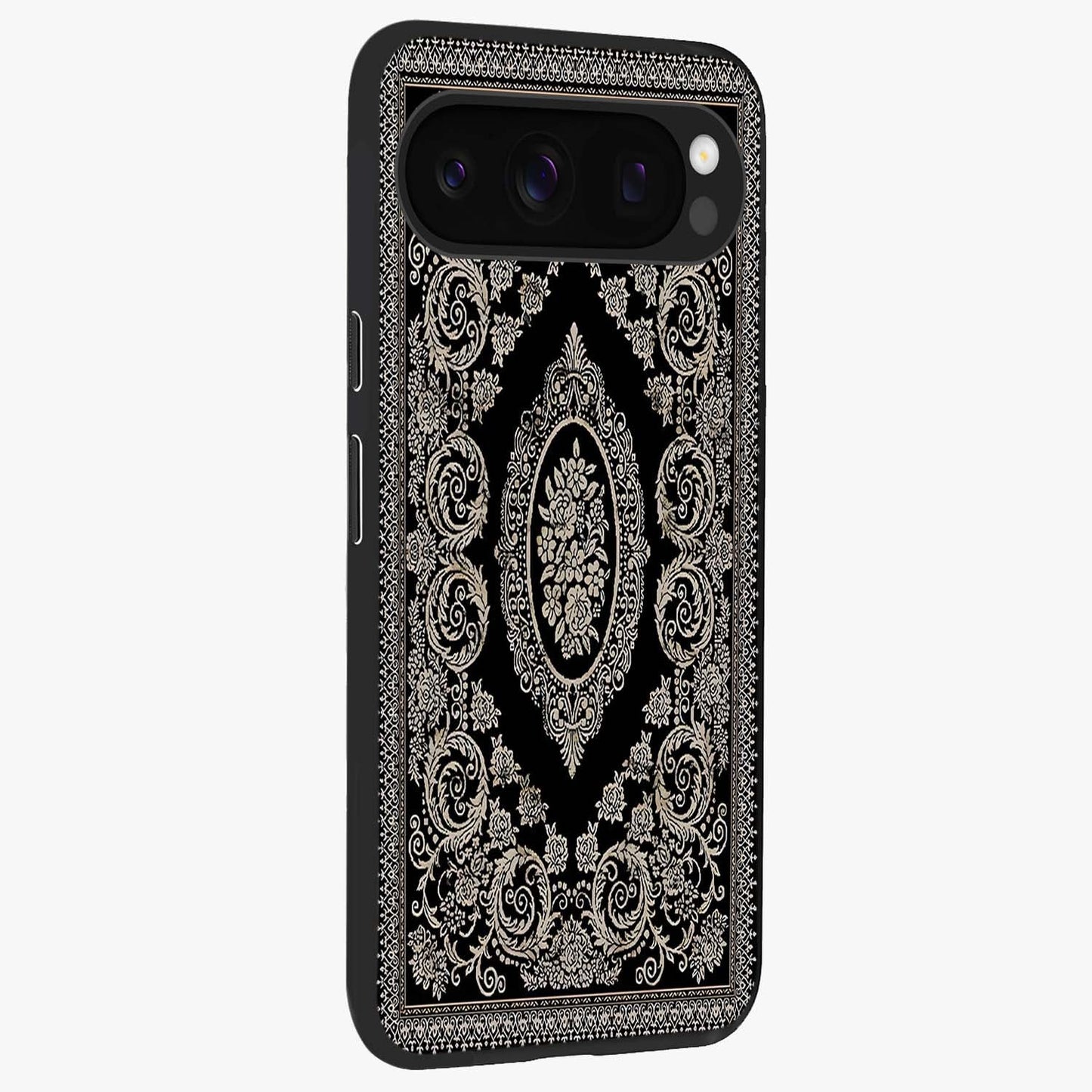 Noir Bloom Elegance Glass Case upright view showcasing graceful floral artwork with luxurious dark theme.