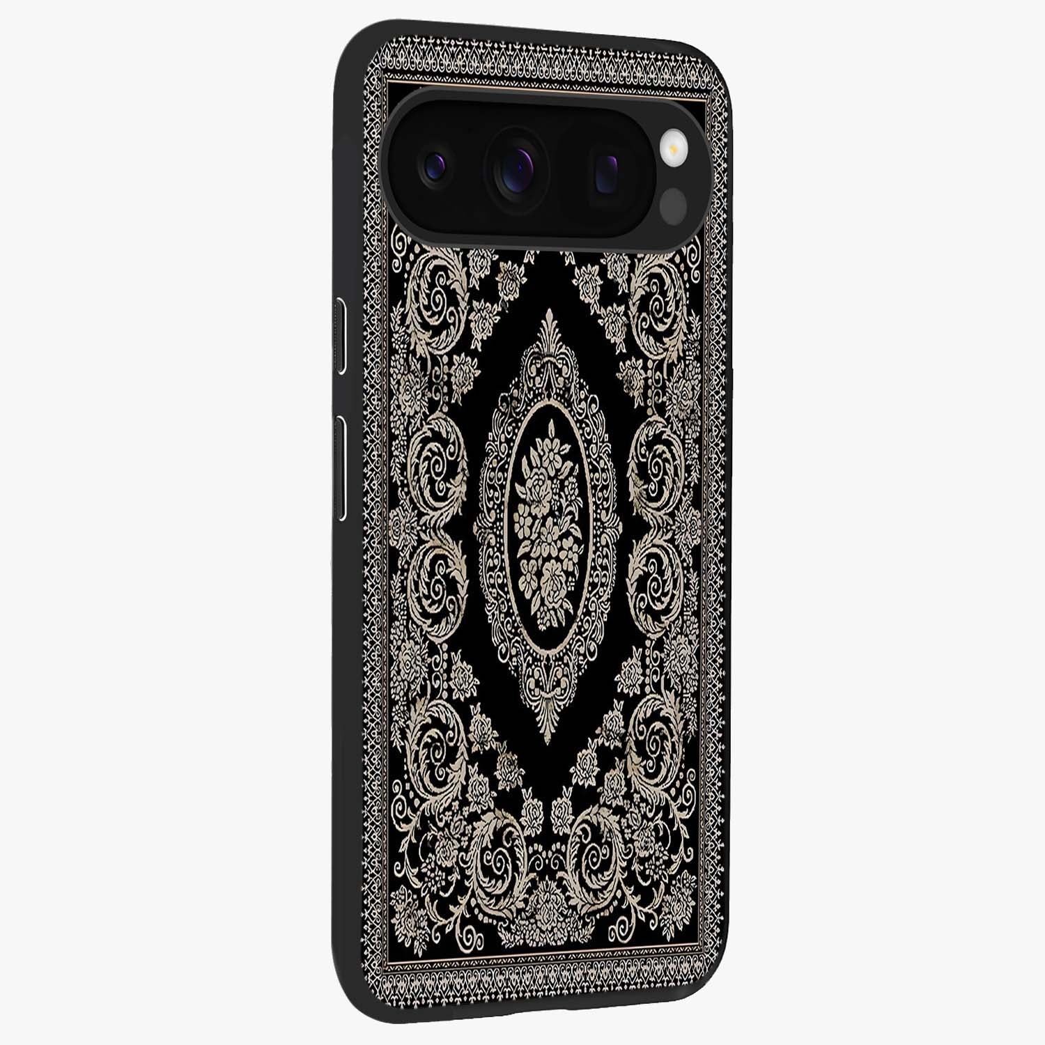 Noir Bloom Elegance Glass Case upright view showcasing graceful floral artwork with luxurious dark theme.