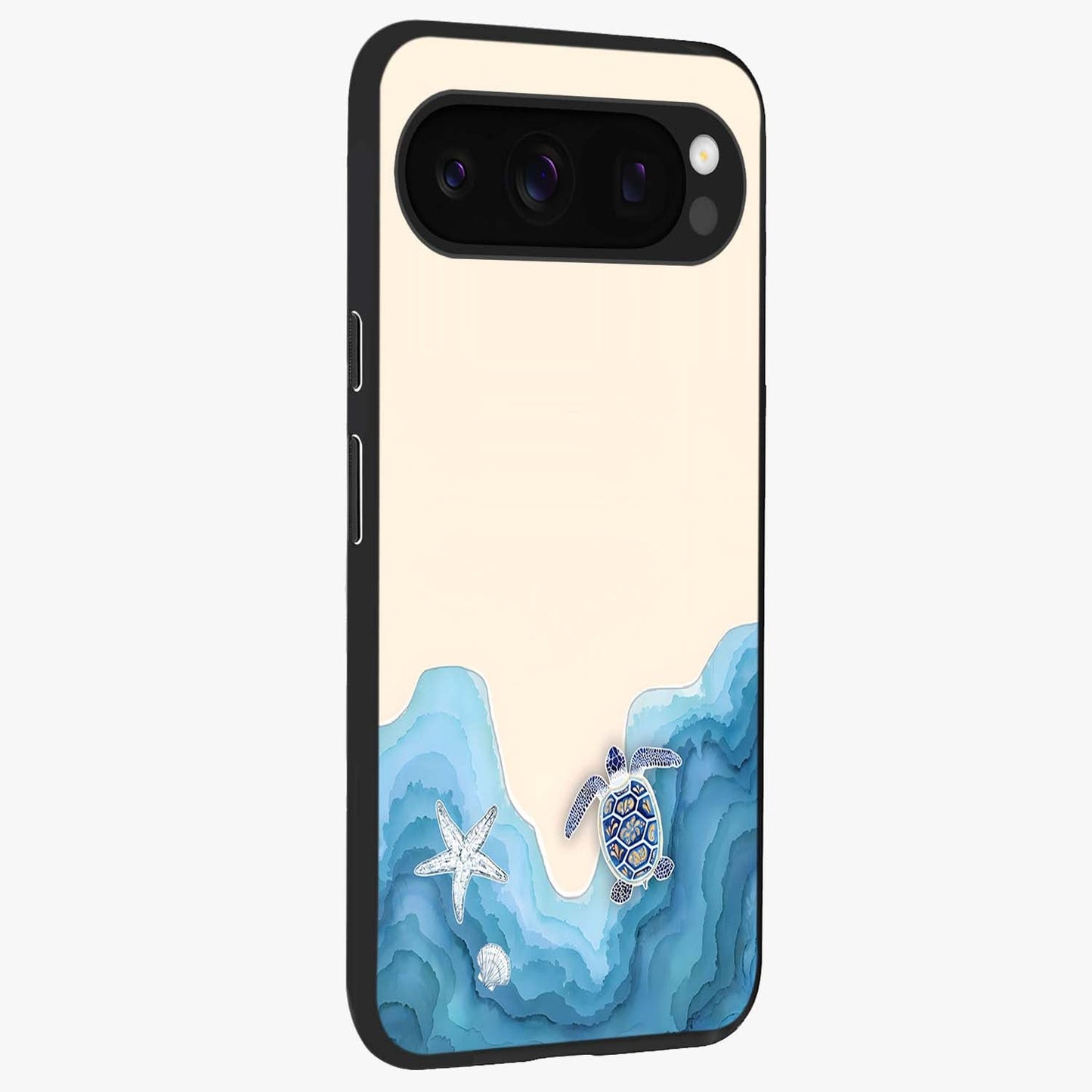 Ocean Drift Turtle Glass Case upright view showcasing calm underwater turtle artwork with nature inspired theme.