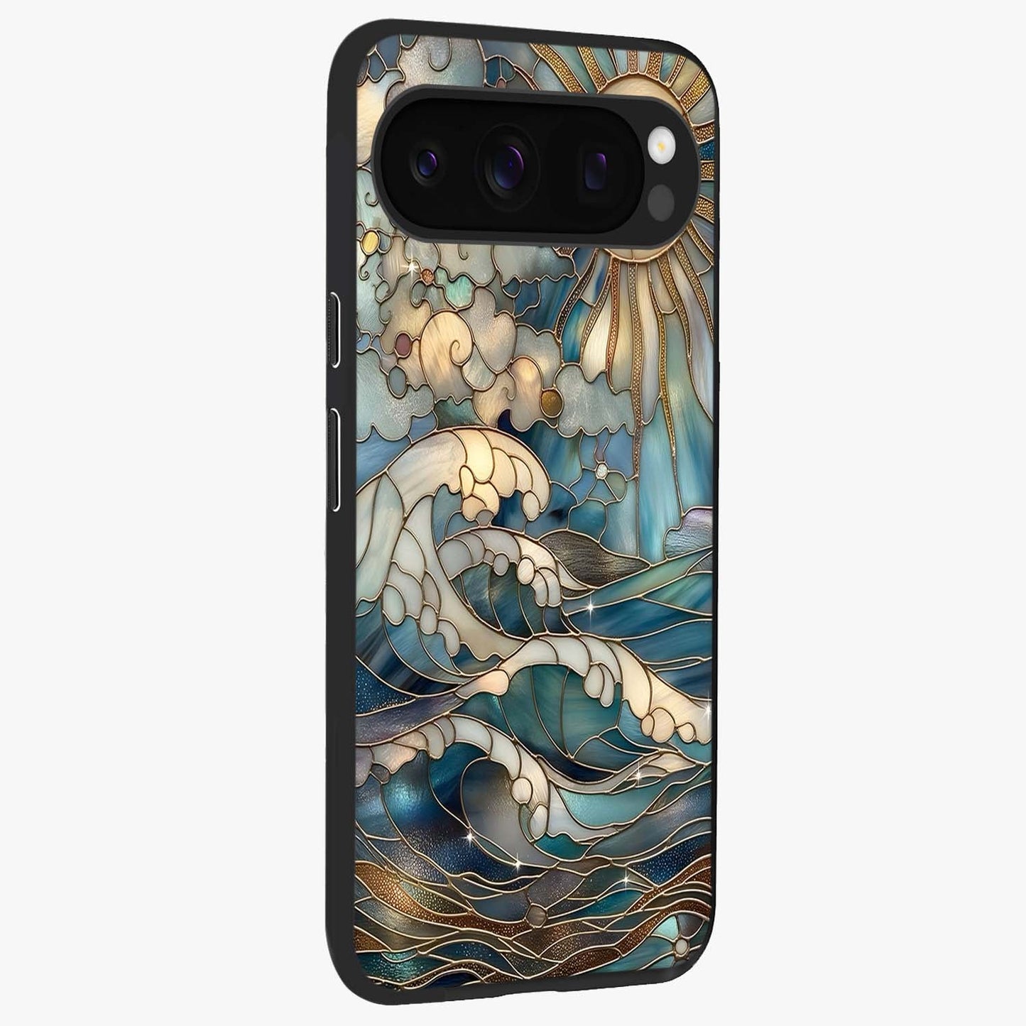 Oceanic Stained Printed Glass Case upright view showcasing decorative ocean pattern artwork with vibrant marine theme.