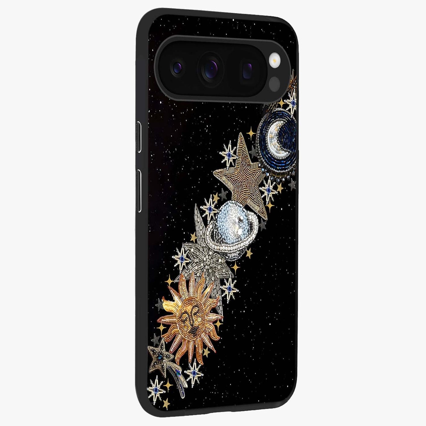 Pearls Universe Object Glass Case upright view showcasing decorative pearl themed artwork with cosmic elegance.